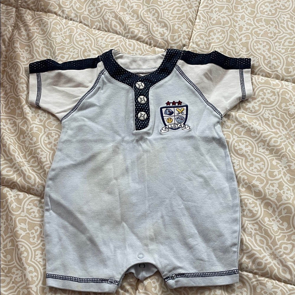 Vintage Baby Boy Short-Sleeve One-Piece Romper in Light Blue with Navy Trim